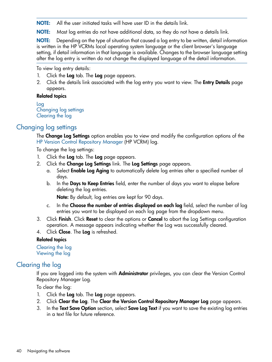 Changing log settings, Clearing the log, Changing log settings clearing the log | HP Insight Foundation Software for ProLiant User Manual | Page 40 / 53