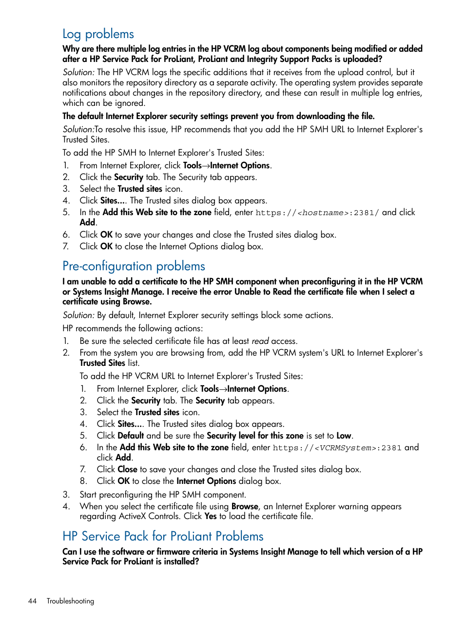 Log problems, Pre-configuration problems, Hp service pack for proliant problems | HP Insight Foundation Software for ProLiant User Manual | Page 44 / 53