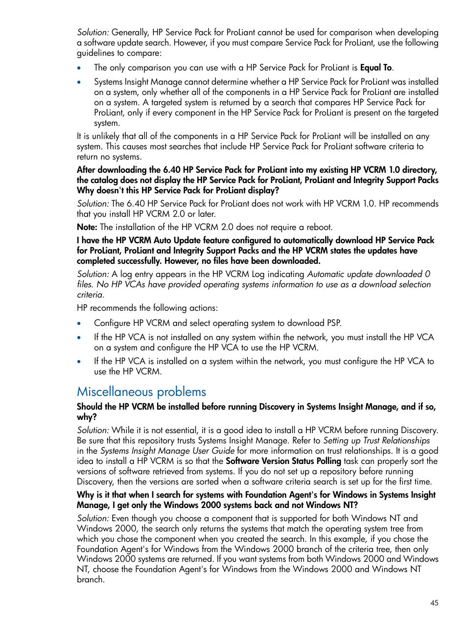 Miscellaneous problems | HP Insight Foundation Software for ProLiant User Manual | Page 45 / 53