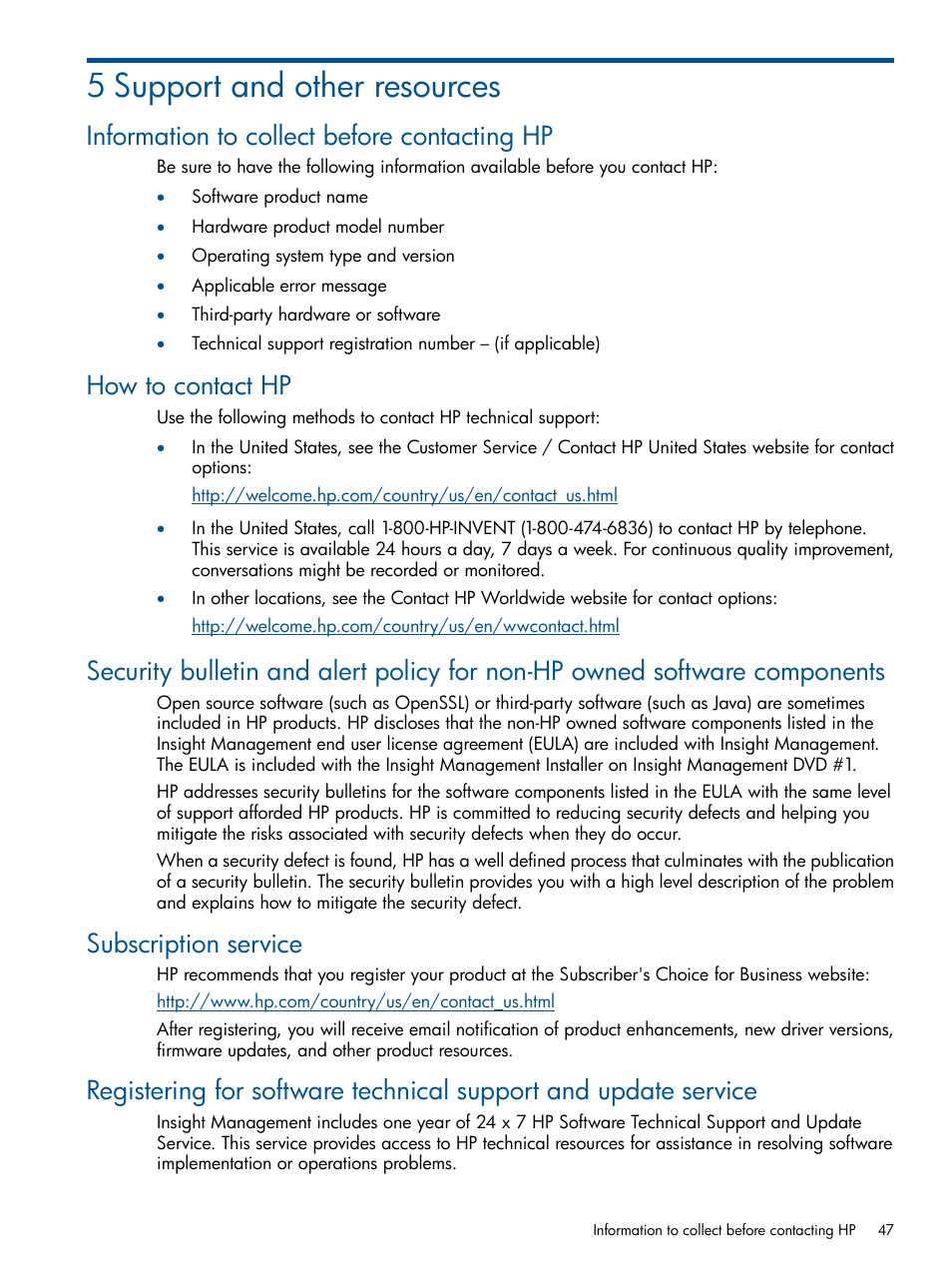 5 support and other resources, Information to collect before contacting hp, How to contact hp | Subscription service | HP Insight Foundation Software for ProLiant User Manual | Page 47 / 53