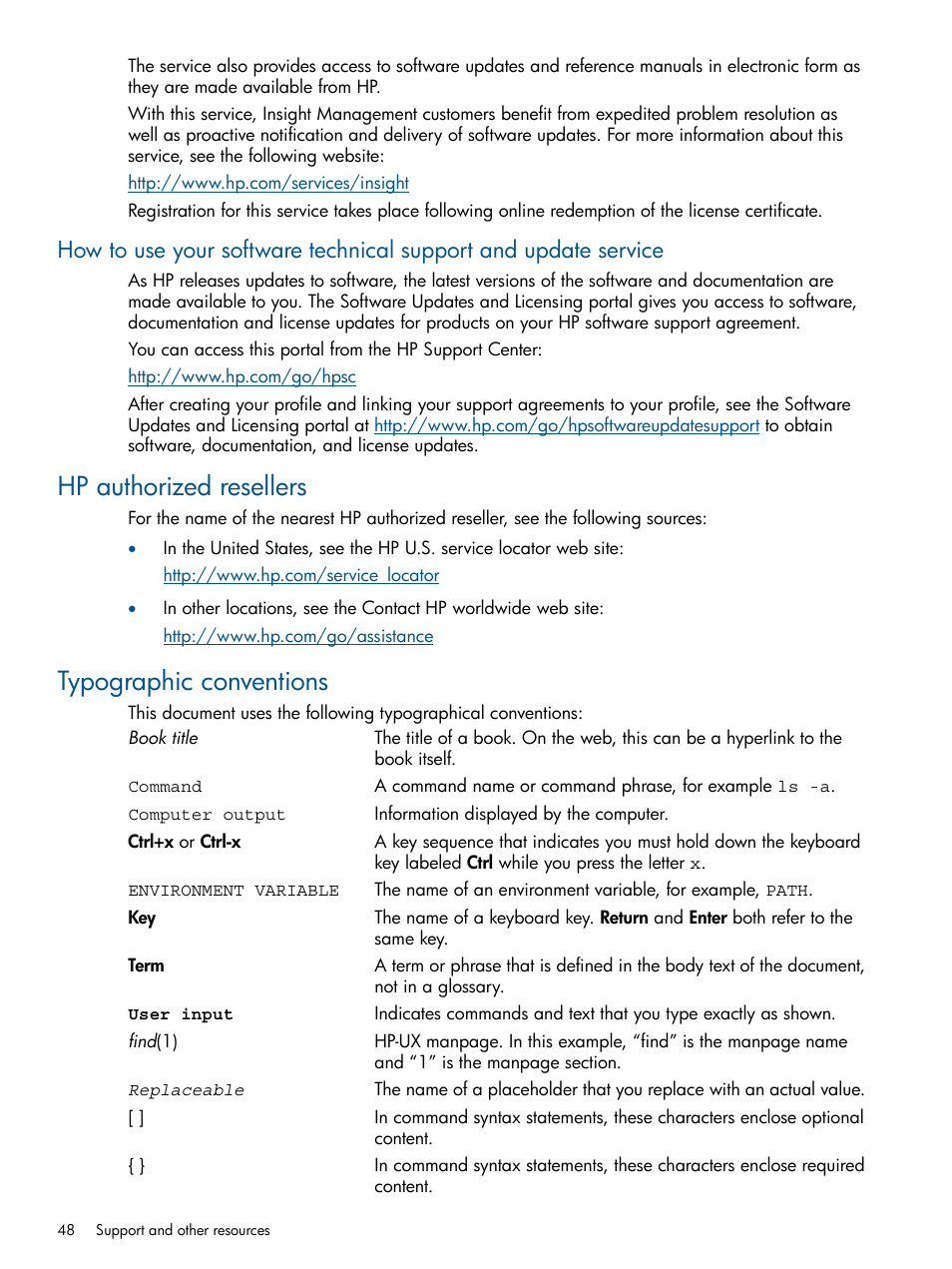 Hp authorized resellers, Typographic conventions, Hp authorized resellers typographic conventions | HP Insight Foundation Software for ProLiant User Manual | Page 48 / 53