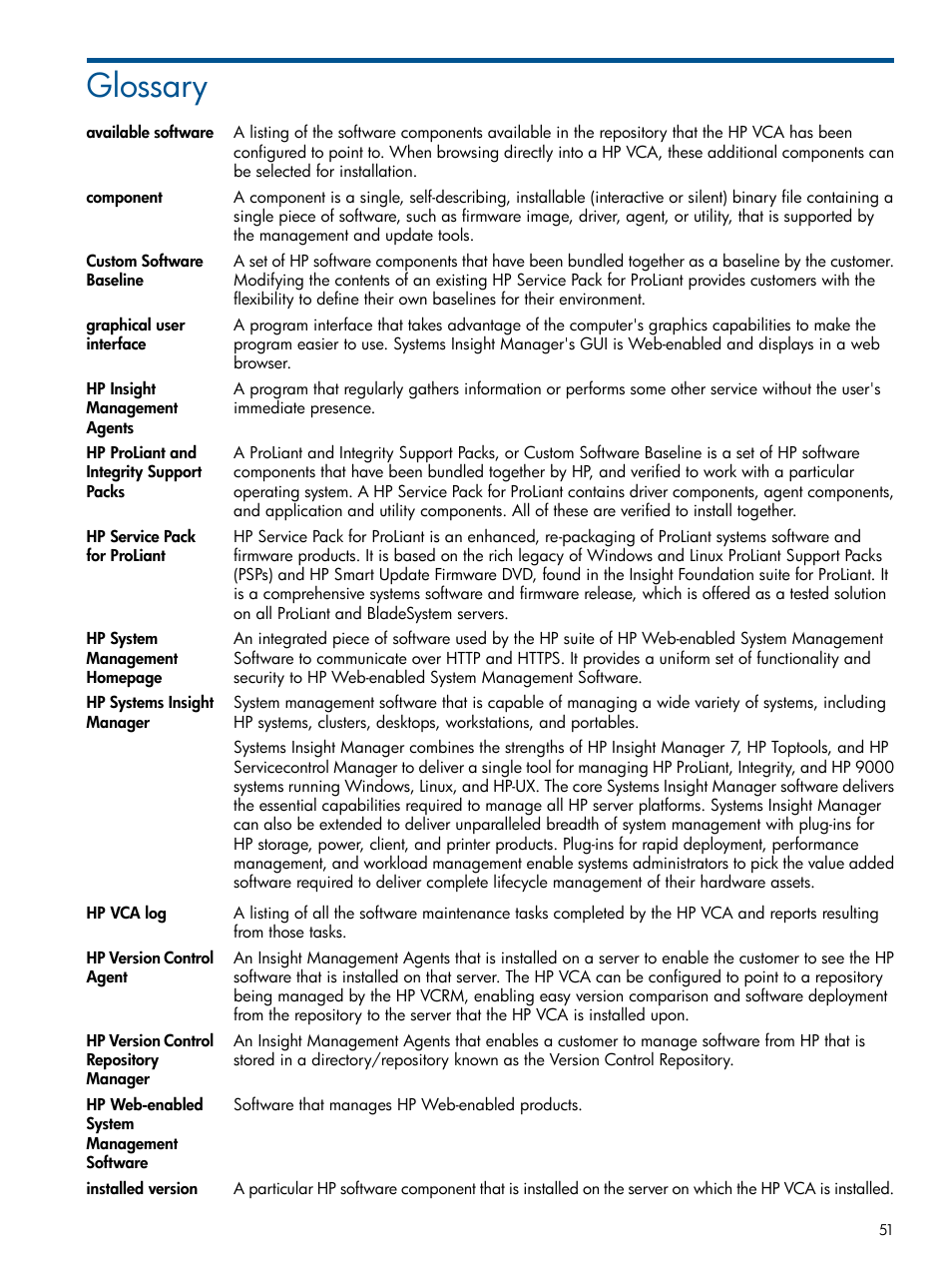 Glossary, Hp version control repository manager, Hp systems insight manager | Hp service pack for proliant, Component, Hp system management, Hp systems, Insight manager, Graphical user interface, Hp system | HP Insight Foundation Software for ProLiant User Manual | Page 51 / 53