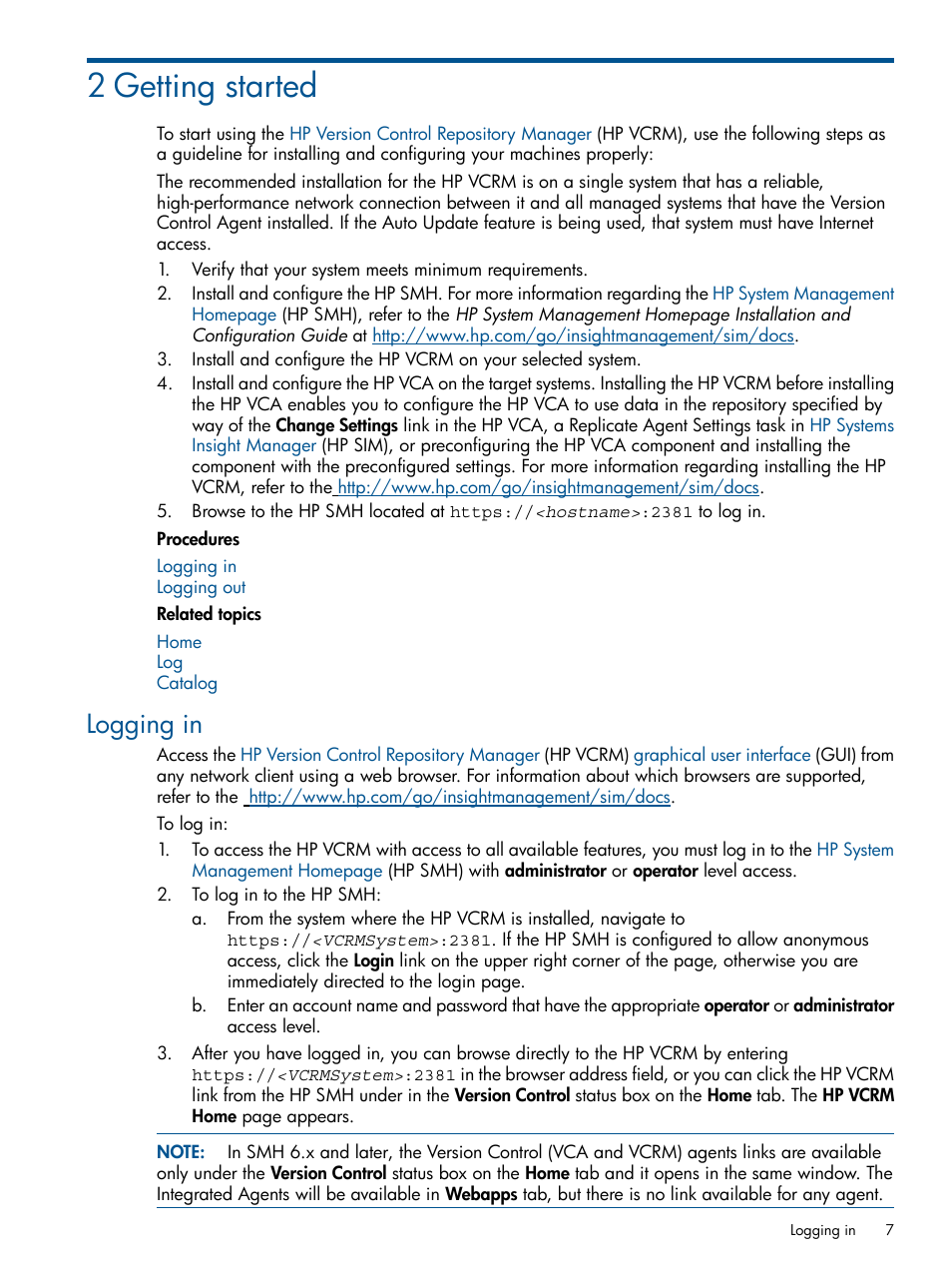 2 getting started, Logging in | HP Insight Foundation Software for ProLiant User Manual | Page 7 / 53