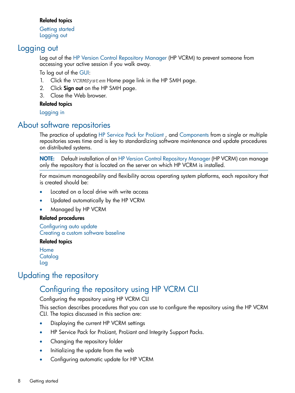 Logging out, About software repositories, Updating the repository | HP Insight Foundation Software for ProLiant User Manual | Page 8 / 53