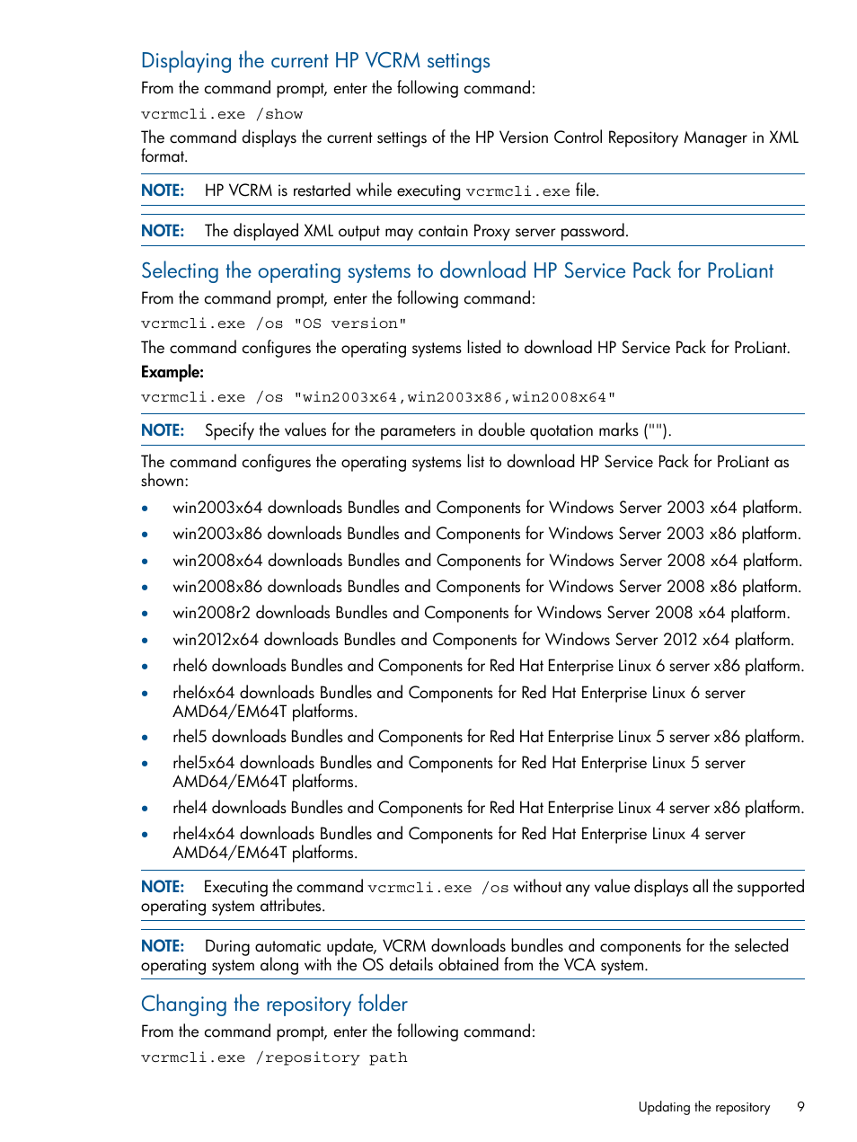 Displaying the current hp vcrm settings, Changing the repository folder | HP Insight Foundation Software for ProLiant User Manual | Page 9 / 53