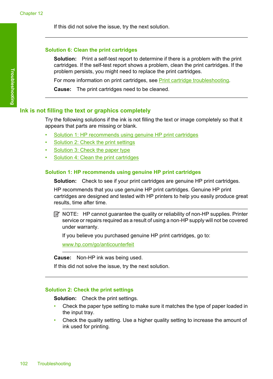 Ink is not filling the text or graphics completely, Solution 6: clean the print cartridges | HP Deskjet F2235 All-in-One Printer User Manual | Page 105 / 225