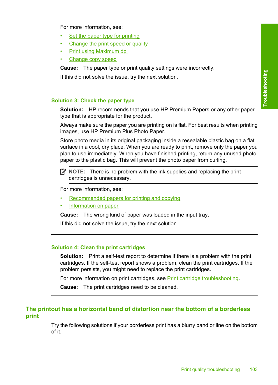 Solution 3: check the paper type, Solution 4: clean the print cartridges | HP Deskjet F2235 All-in-One Printer User Manual | Page 106 / 225