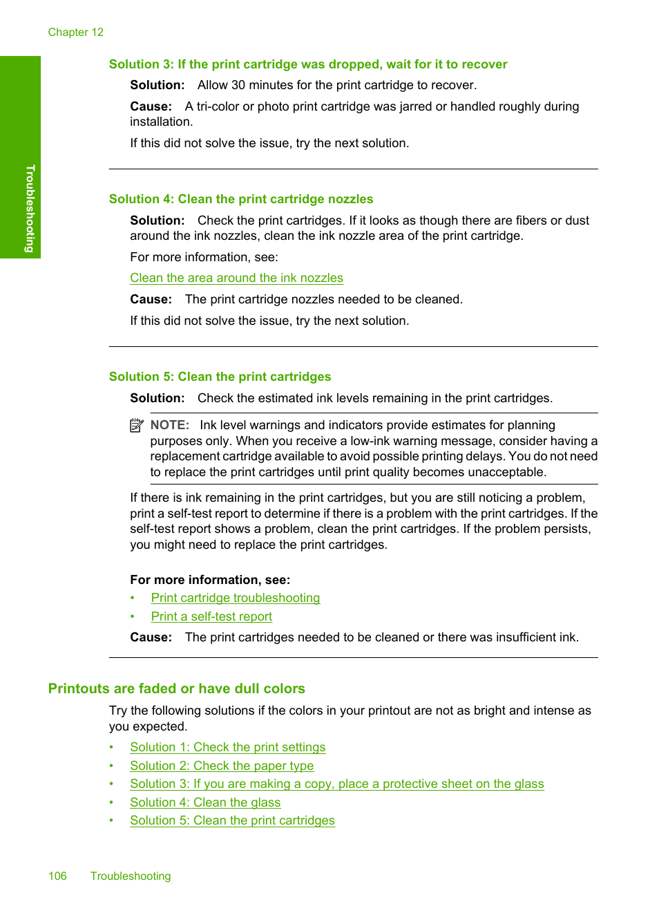 Printouts are faded or have dull colors, Solution 4: clean the print cartridge nozzles, Solution 5: clean the print cartridges | HP Deskjet F2235 All-in-One Printer User Manual | Page 109 / 225
