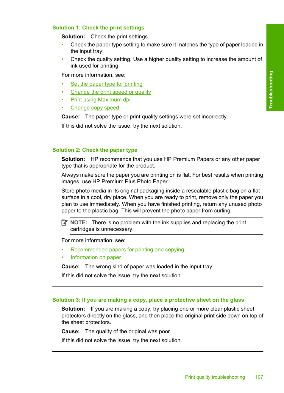 Solution 1: check the print settings, Solution 2: check the paper type | HP Deskjet F2235 All-in-One Printer User Manual | Page 110 / 225