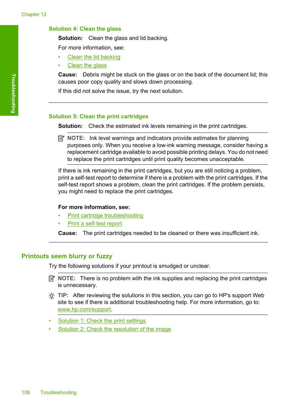 Printouts seem blurry or fuzzy, Solution 4: clean the glass, Solution 5: clean the print cartridges | HP Deskjet F2235 All-in-One Printer User Manual | Page 111 / 225