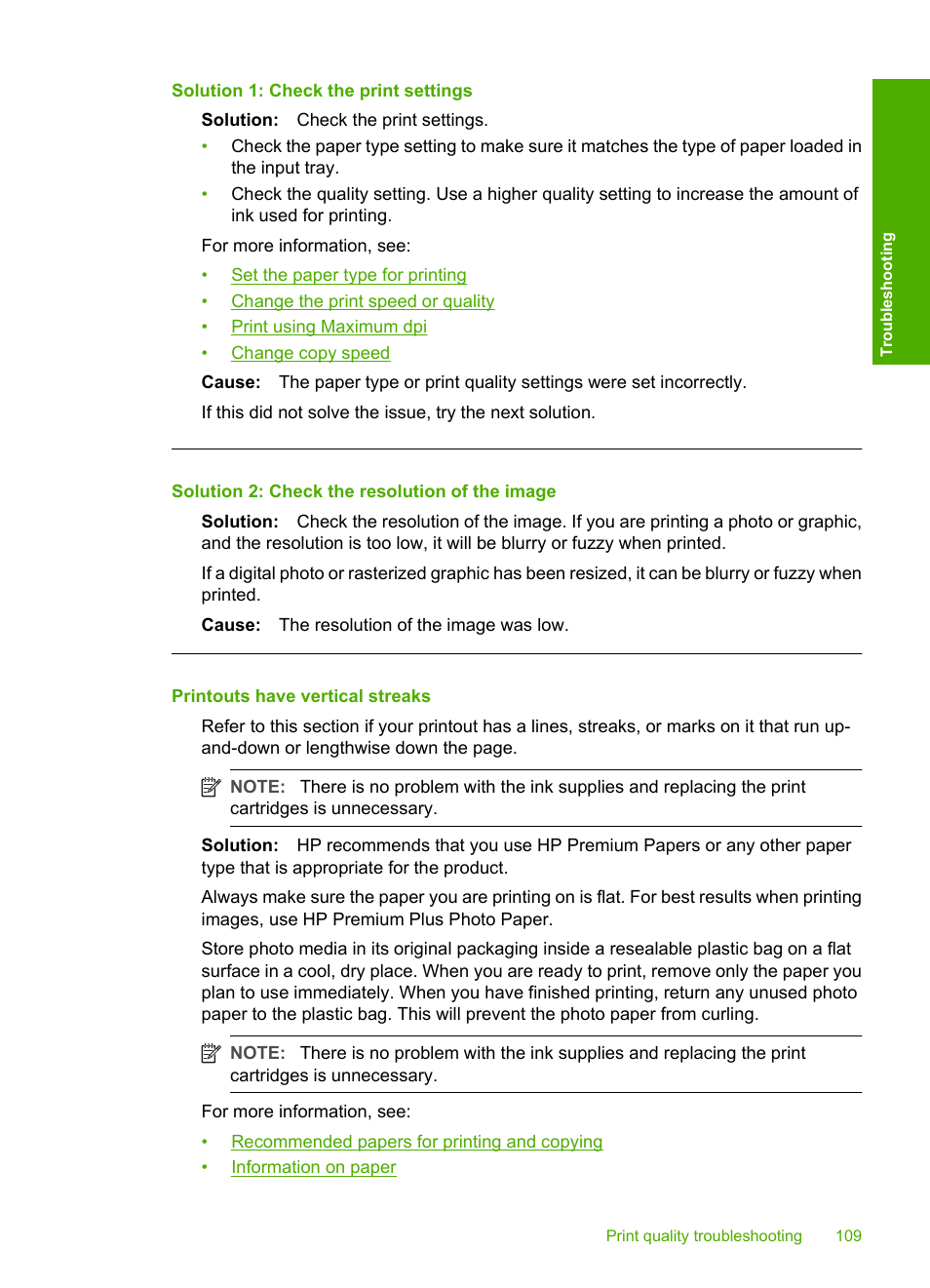 Printouts have vertical streaks, Solution 1: check the print settings, Solution 2: check the resolution of the image | HP Deskjet F2235 All-in-One Printer User Manual | Page 112 / 225