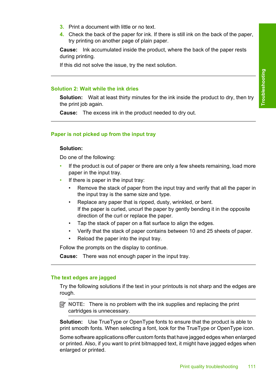 Paper is not picked up from the input tray, The text edges are jagged, Solution 2: wait while the ink dries | HP Deskjet F2235 All-in-One Printer User Manual | Page 114 / 225