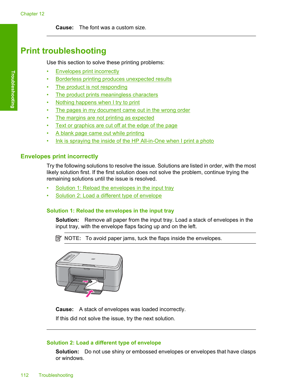 Print troubleshooting, Envelopes print incorrectly | HP Deskjet F2235 All-in-One Printer User Manual | Page 115 / 225