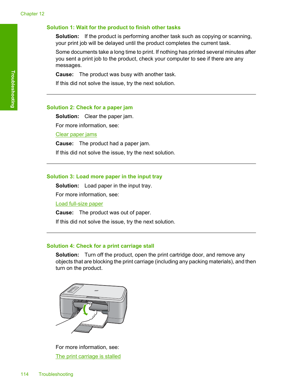 Solution 2: check for a paper jam, Solution 3: load more paper in the input tray, Solution 4: check for a print carriage stall | HP Deskjet F2235 All-in-One Printer User Manual | Page 117 / 225