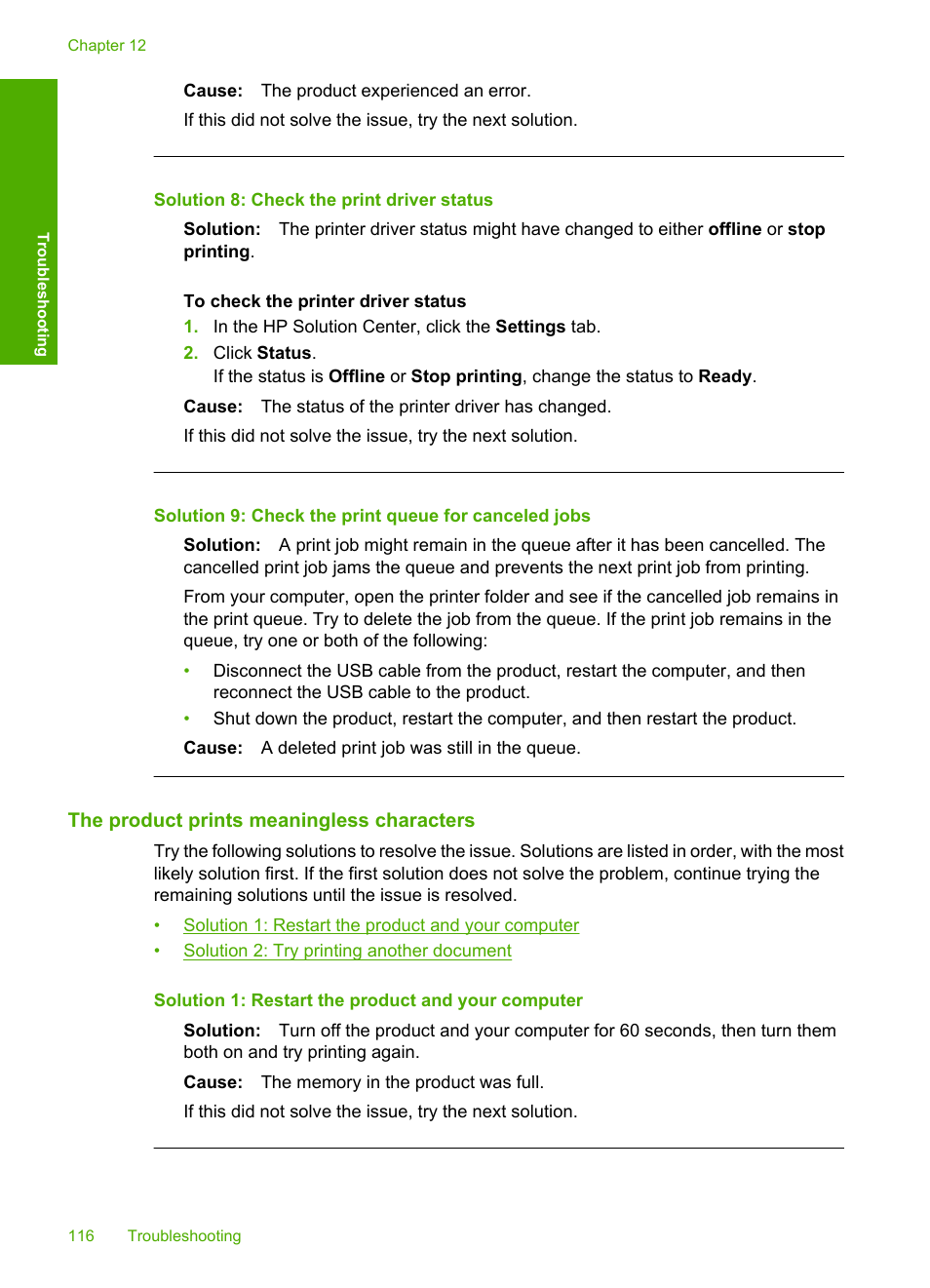 The product prints meaningless characters, Solution 8: check the print driver status | HP Deskjet F2235 All-in-One Printer User Manual | Page 119 / 225