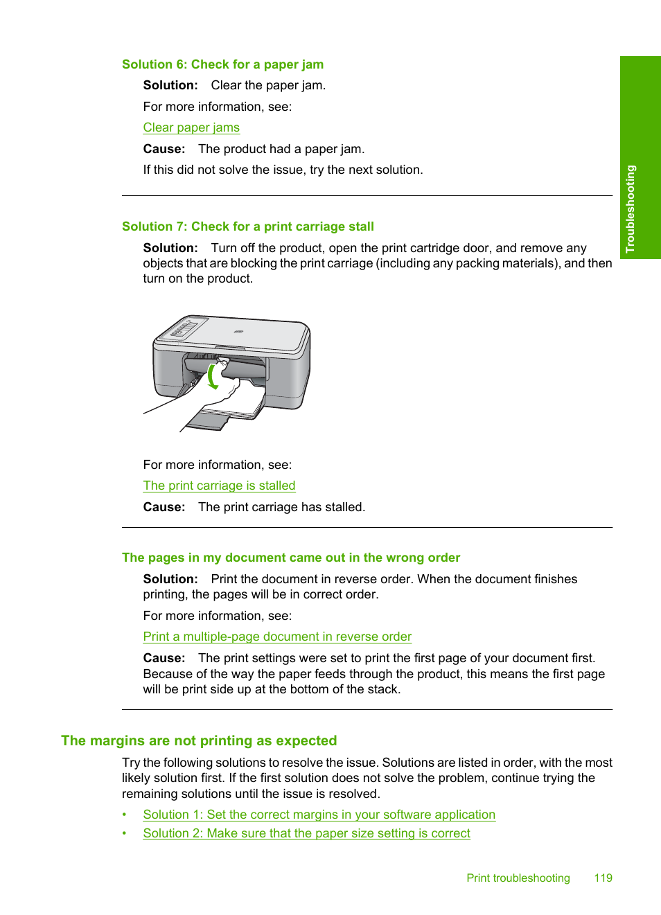 The margins are not printing as expected, Solution 6: check for a paper jam, Solution 7: check for a print carriage stall | HP Deskjet F2235 All-in-One Printer User Manual | Page 122 / 225