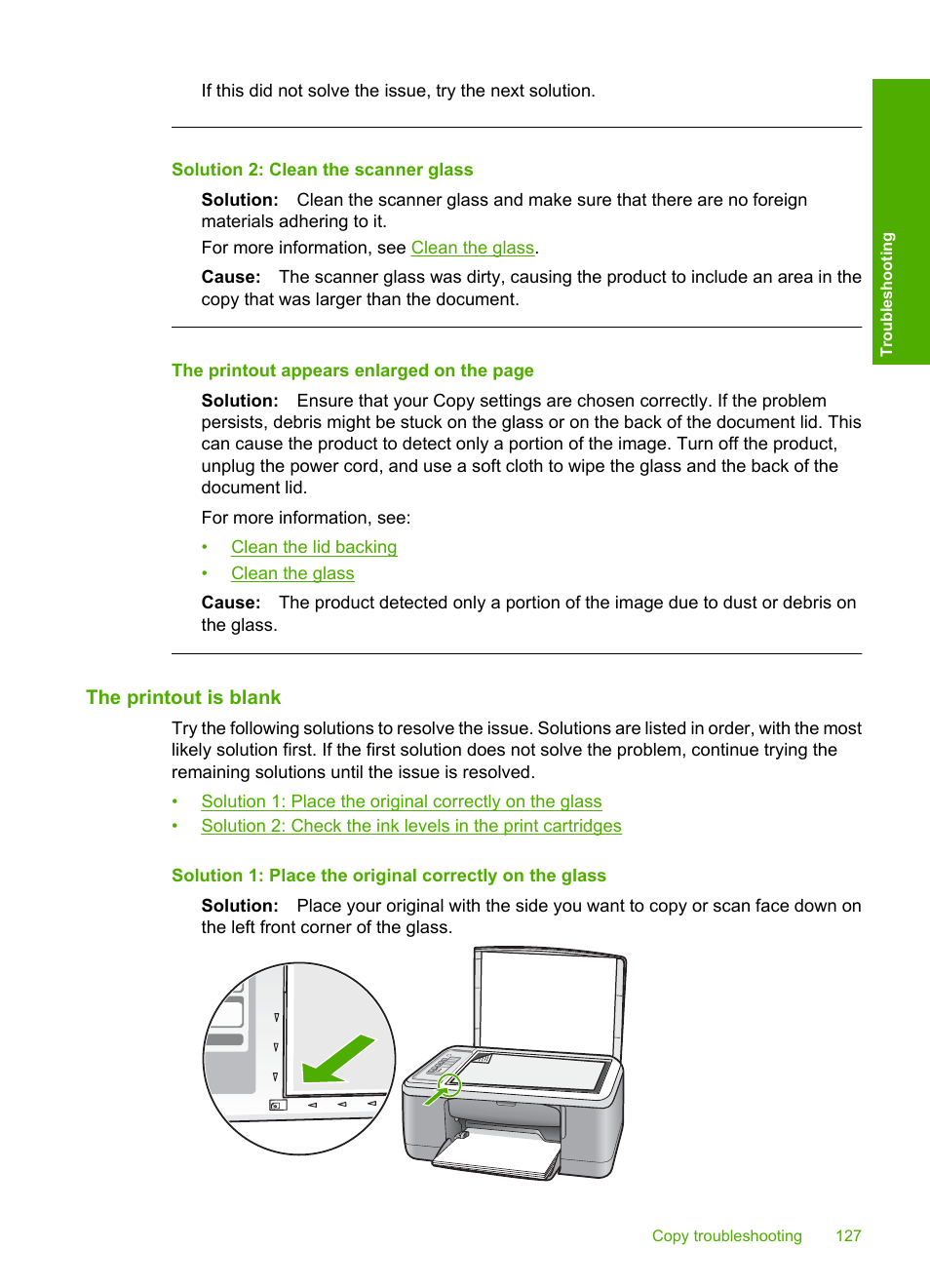 The printout is blank, Solution 2: clean the scanner glass | HP Deskjet F2235 All-in-One Printer User Manual | Page 130 / 225