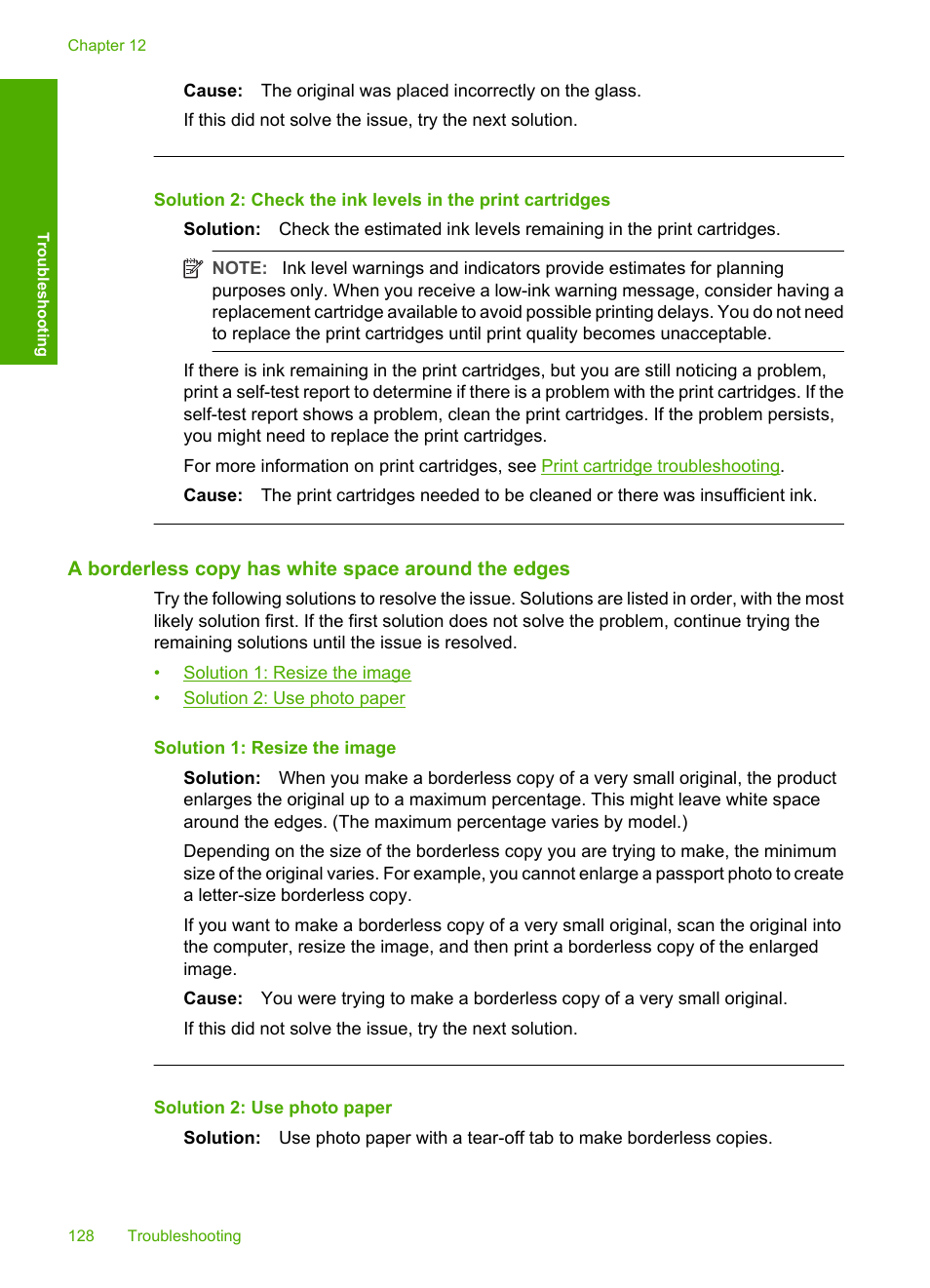 A borderless copy has white space around the edges | HP Deskjet F2235 All-in-One Printer User Manual | Page 131 / 225