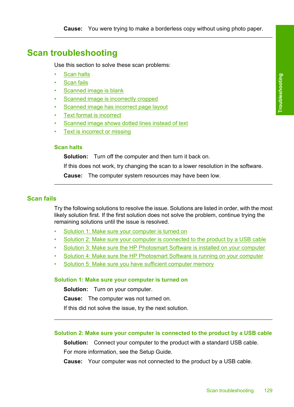 Scan troubleshooting, Scan fails, Scan fails text is incorrect or missing | HP Deskjet F2235 All-in-One Printer User Manual | Page 132 / 225