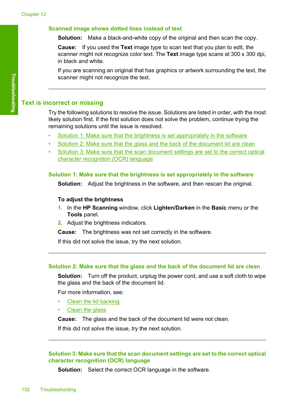 Text is incorrect or missing, Scanned image shows dotted lines instead of text | HP Deskjet F2235 All-in-One Printer User Manual | Page 135 / 225