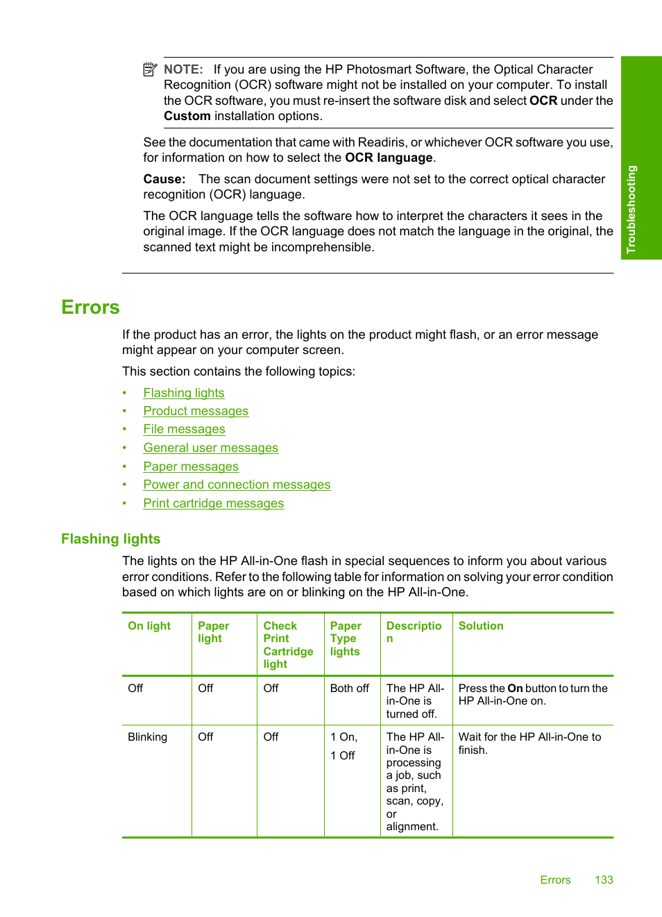 Errors, Flashing lights, Flashing lights product messages | File messages, Supported file types for the hp all-in-one, General user messages, Cannot crop, Paper messages, Out of paper, Power and connection messages | HP Deskjet F2235 All-in-One Printer User Manual | Page 136 / 225