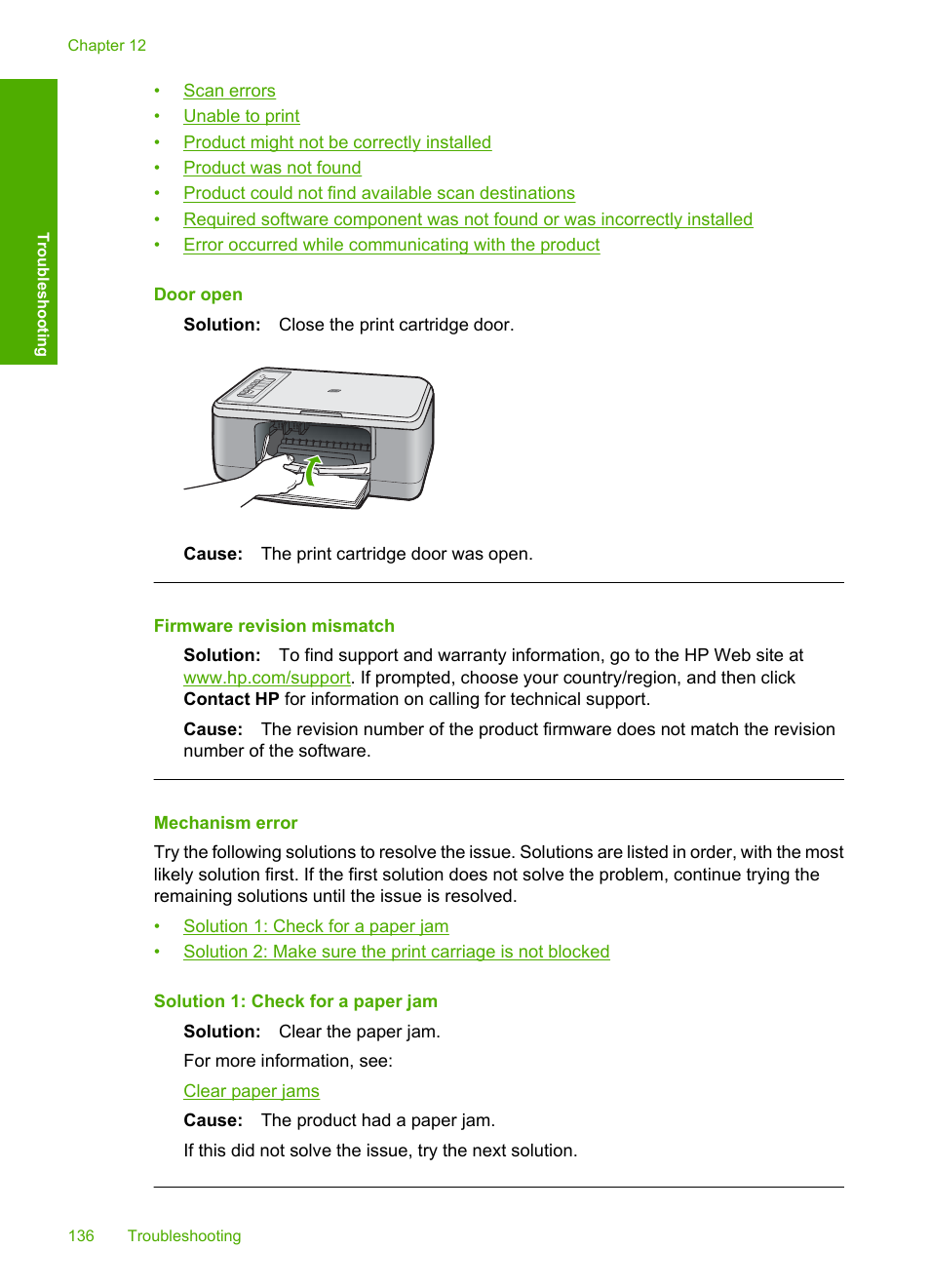 Mechanism error, Door open, Firmware revision mismatch | HP Deskjet F2235 All-in-One Printer User Manual | Page 139 / 225