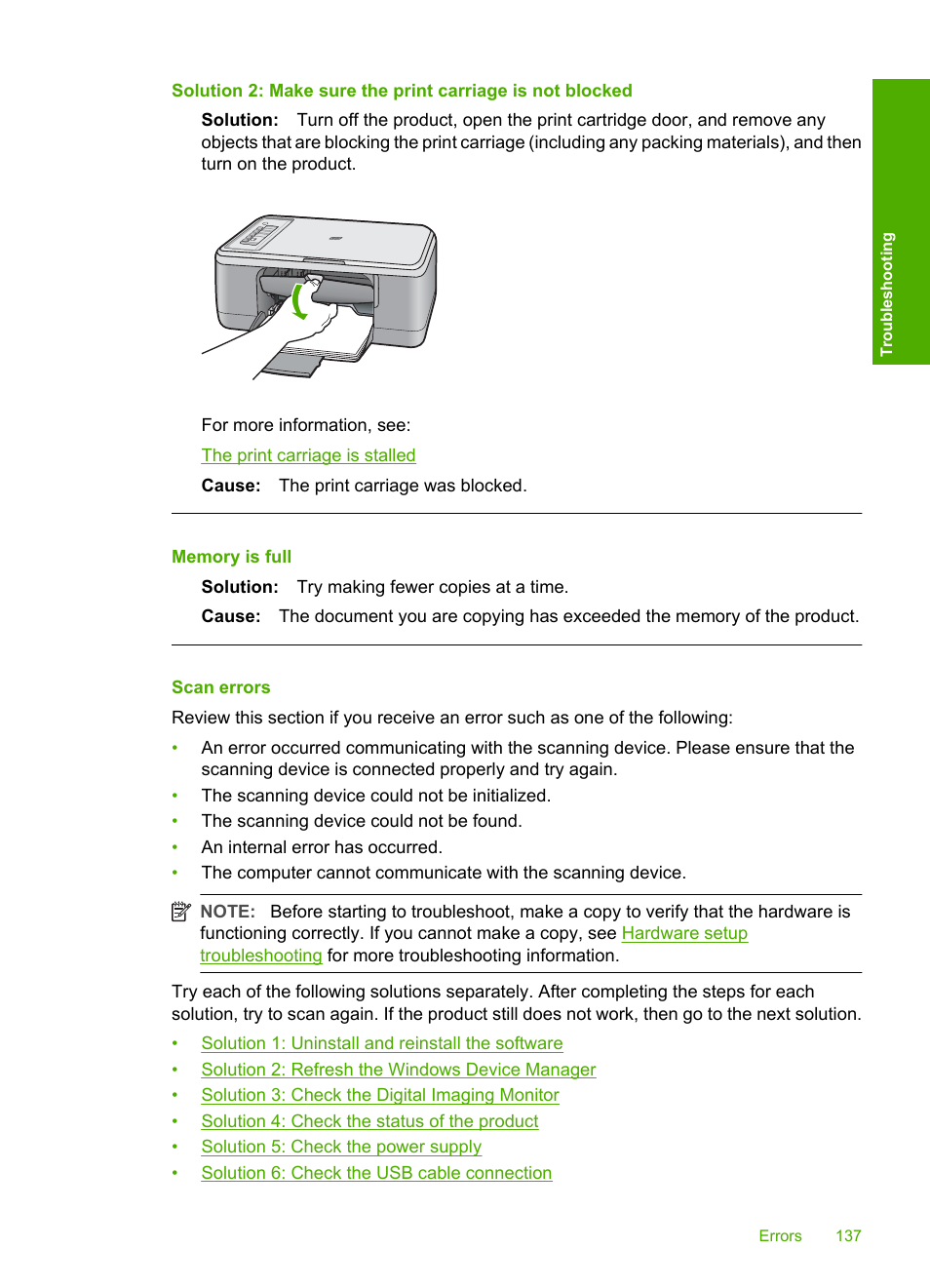 Scan errors, Memory is full | HP Deskjet F2235 All-in-One Printer User Manual | Page 140 / 225
