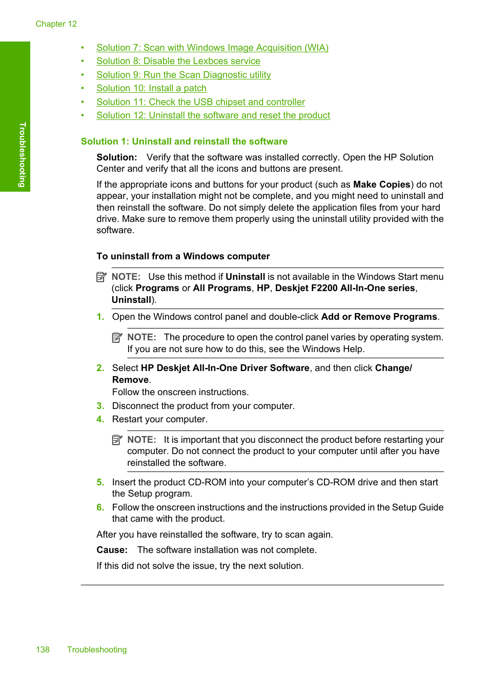 Solution 1: uninstall and reinstall the software | HP Deskjet F2235 All-in-One Printer User Manual | Page 141 / 225