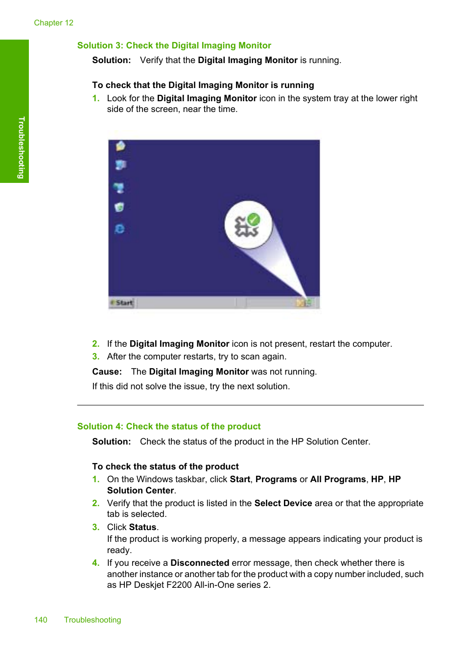 Solution 3: check the digital imaging monitor, Solution 4: check the status of the product | HP Deskjet F2235 All-in-One Printer User Manual | Page 143 / 225