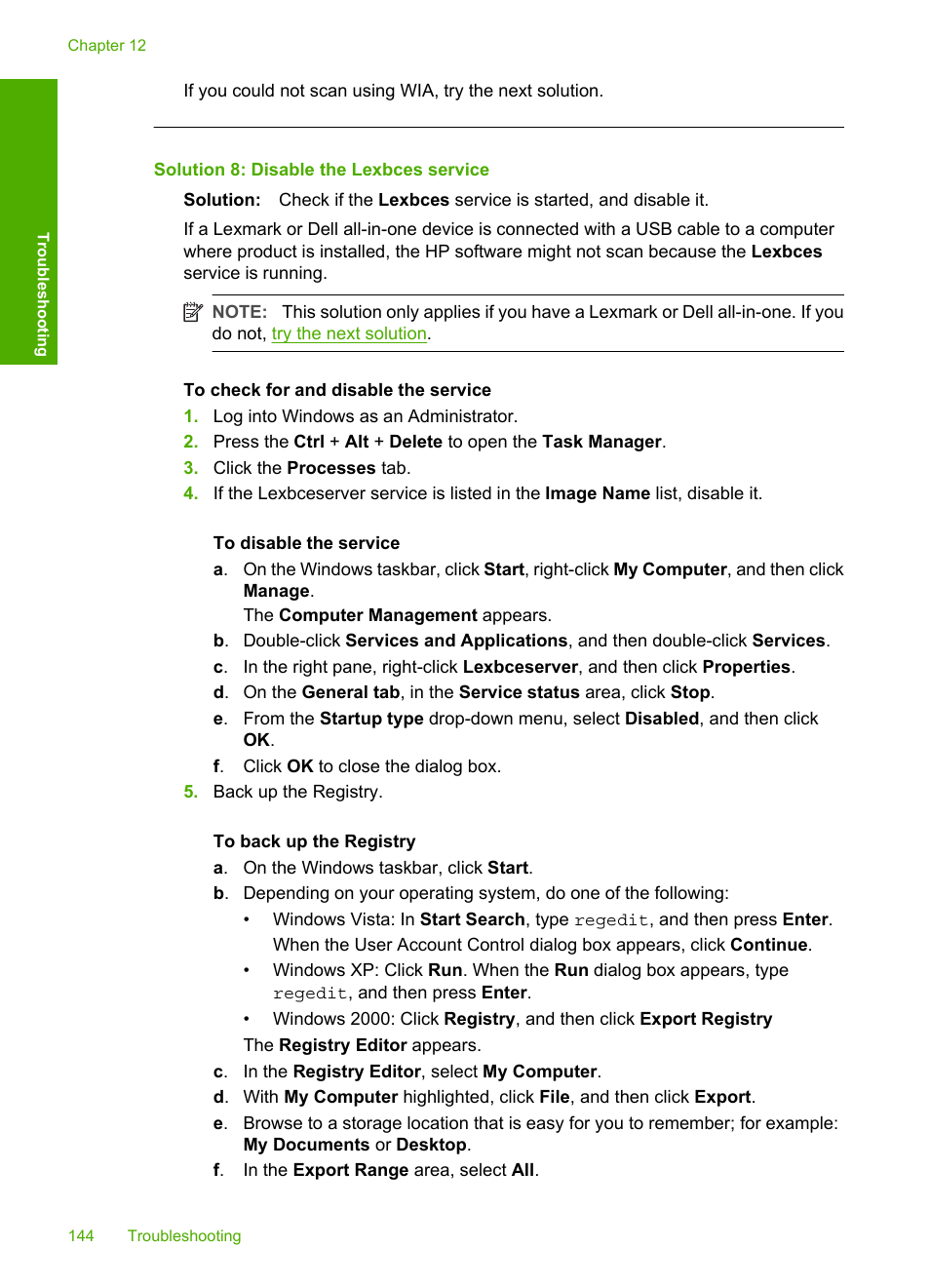 Solution 8: disable the lexbces service | HP Deskjet F2235 All-in-One Printer User Manual | Page 147 / 225