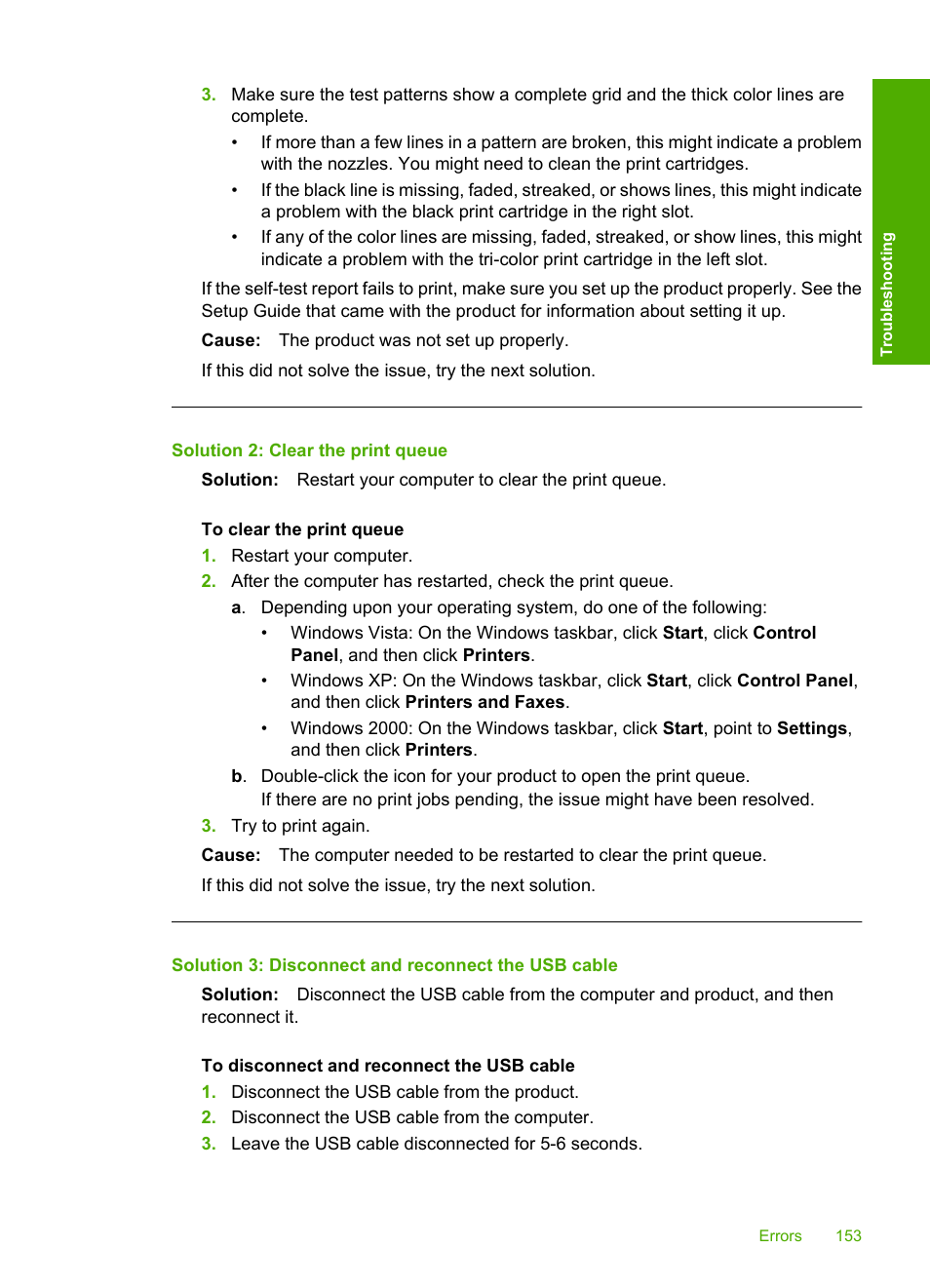 Solution 2: clear the print queue, Solution 3: disconnect and reconnect the usb cable | HP Deskjet F2235 All-in-One Printer User Manual | Page 156 / 225