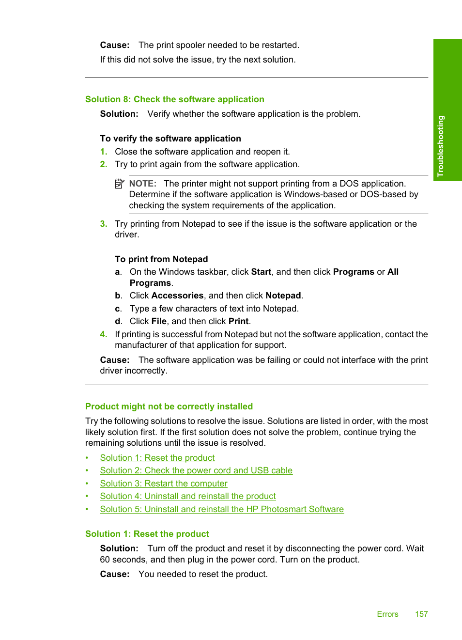 Product might not be correctly installed, Solution 8: check the software application | HP Deskjet F2235 All-in-One Printer User Manual | Page 160 / 225