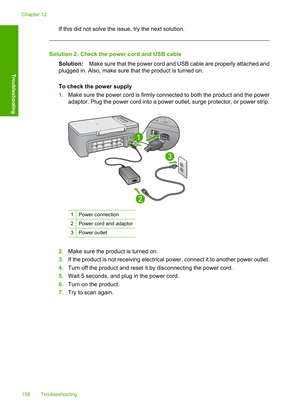 Solution 2: check the power cord and usb cable | HP Deskjet F2235 All-in-One Printer User Manual | Page 161 / 225