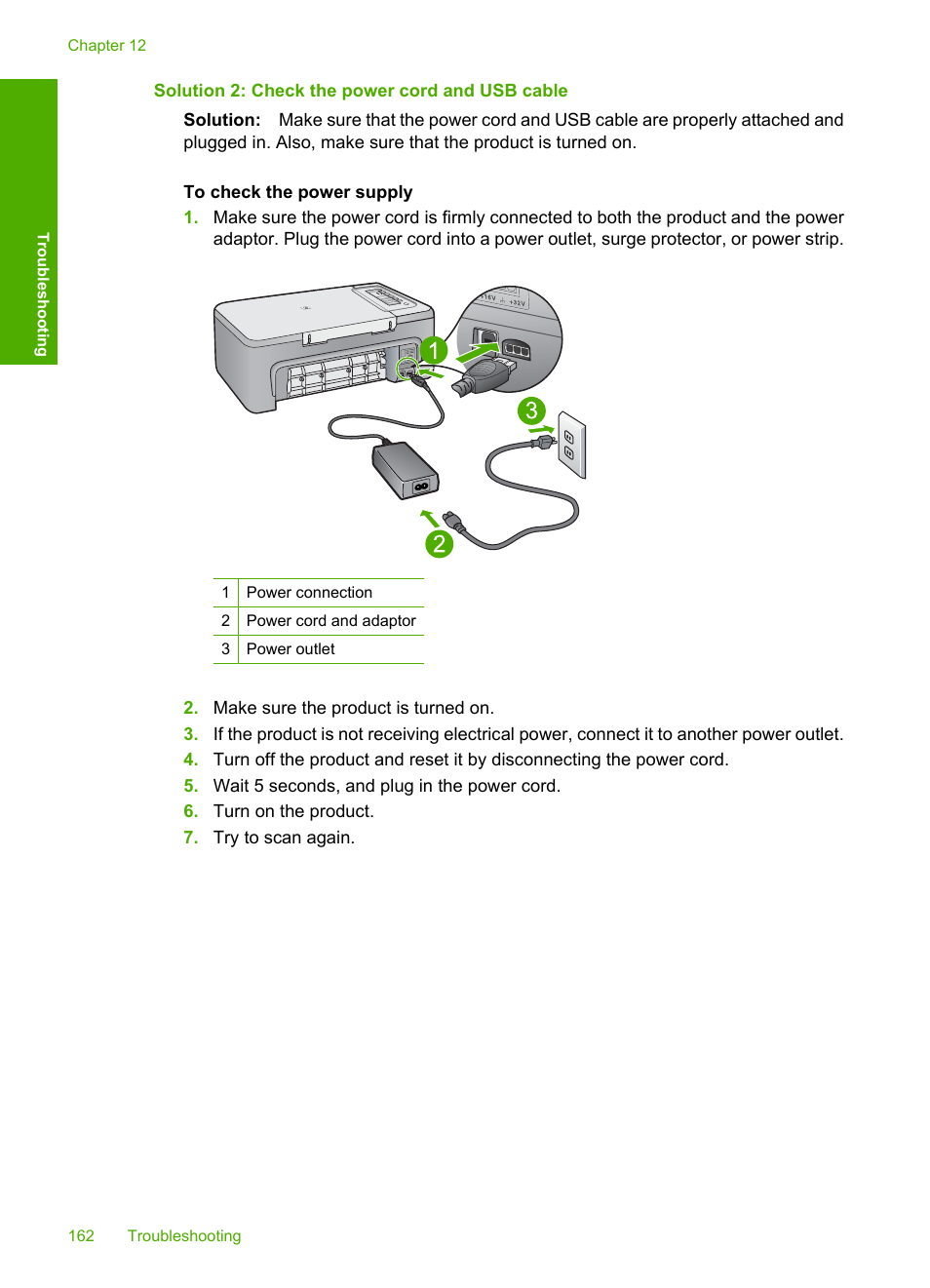 Solution 2: check the power cord and usb cable | HP Deskjet F2235 All-in-One Printer User Manual | Page 165 / 225