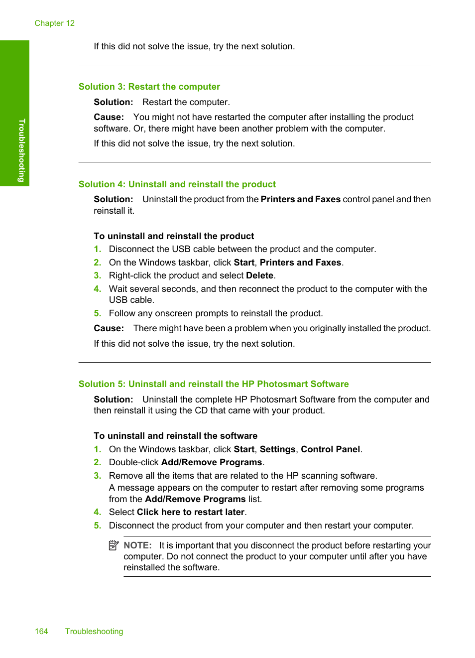Solution 3: restart the computer, Solution 4: uninstall and reinstall the product | HP Deskjet F2235 All-in-One Printer User Manual | Page 167 / 225