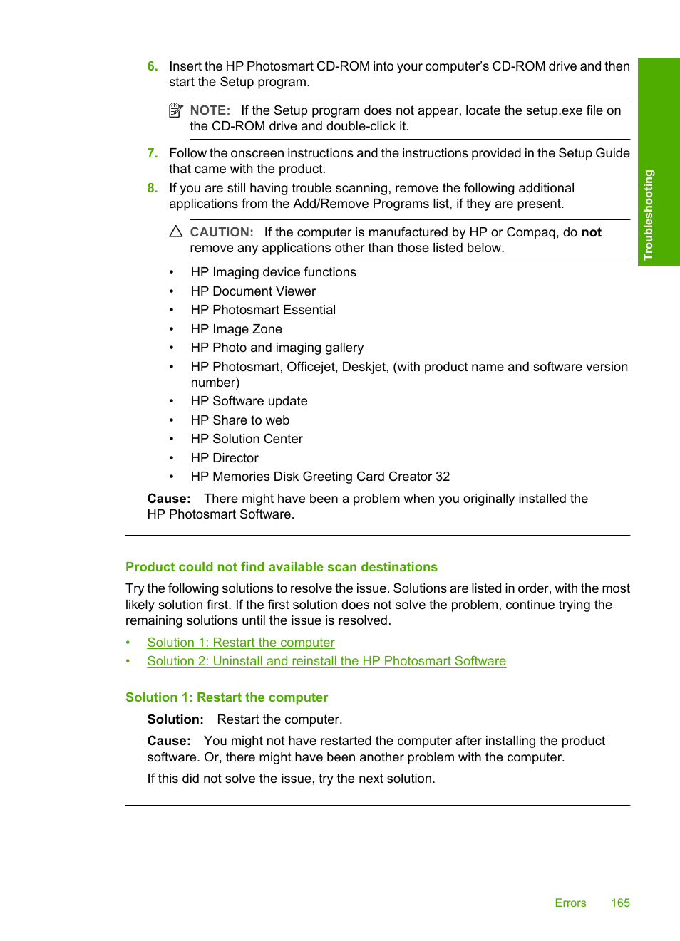 Product could not find available scan destinations | HP Deskjet F2235 All-in-One Printer User Manual | Page 168 / 225