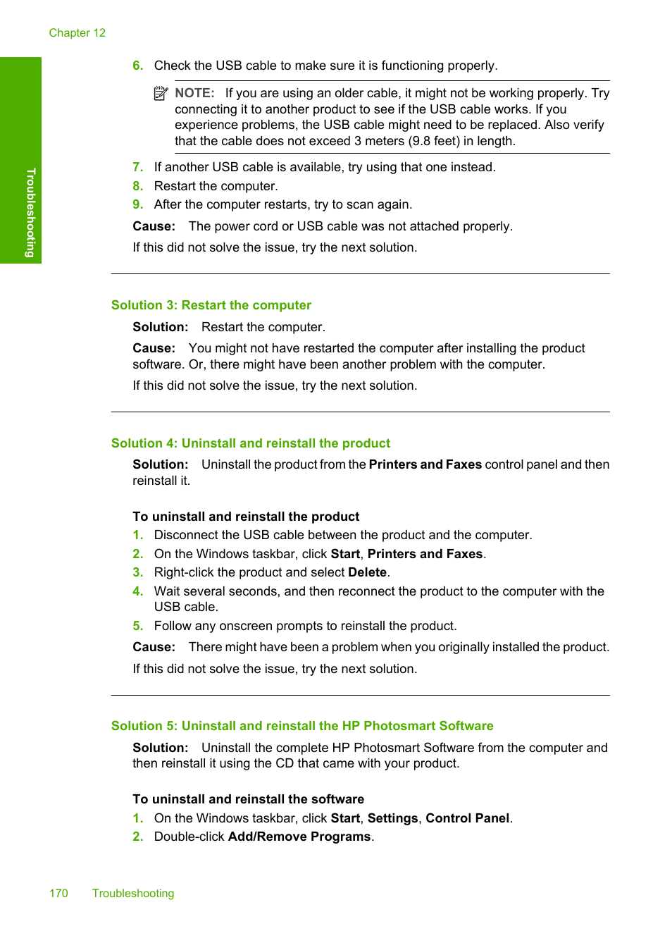 Solution 3: restart the computer, Solution 4: uninstall and reinstall the product | HP Deskjet F2235 All-in-One Printer User Manual | Page 173 / 225