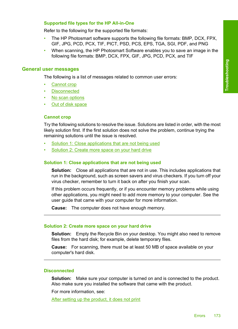 Supported file types for the hp all-in-one, General user messages, Cannot crop | HP Deskjet F2235 All-in-One Printer User Manual | Page 176 / 225