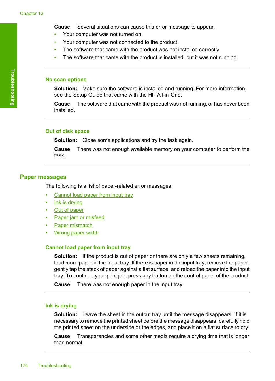 Paper messages, No scan options, Out of disk space | HP Deskjet F2235 All-in-One Printer User Manual | Page 177 / 225