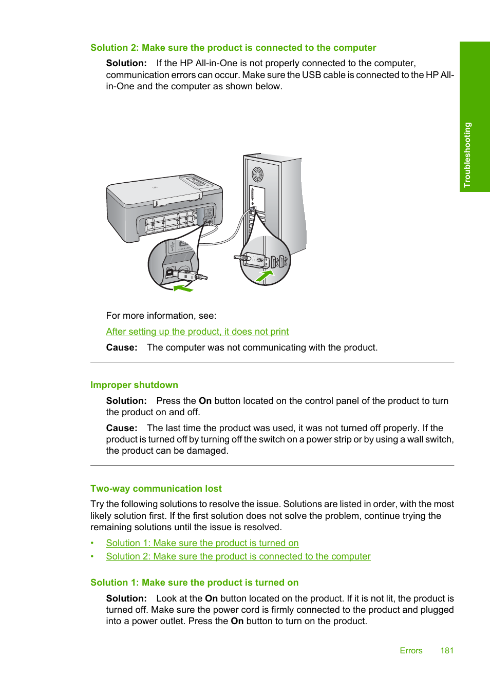 Two-way communication lost, Improper shutdown | HP Deskjet F2235 All-in-One Printer User Manual | Page 184 / 225