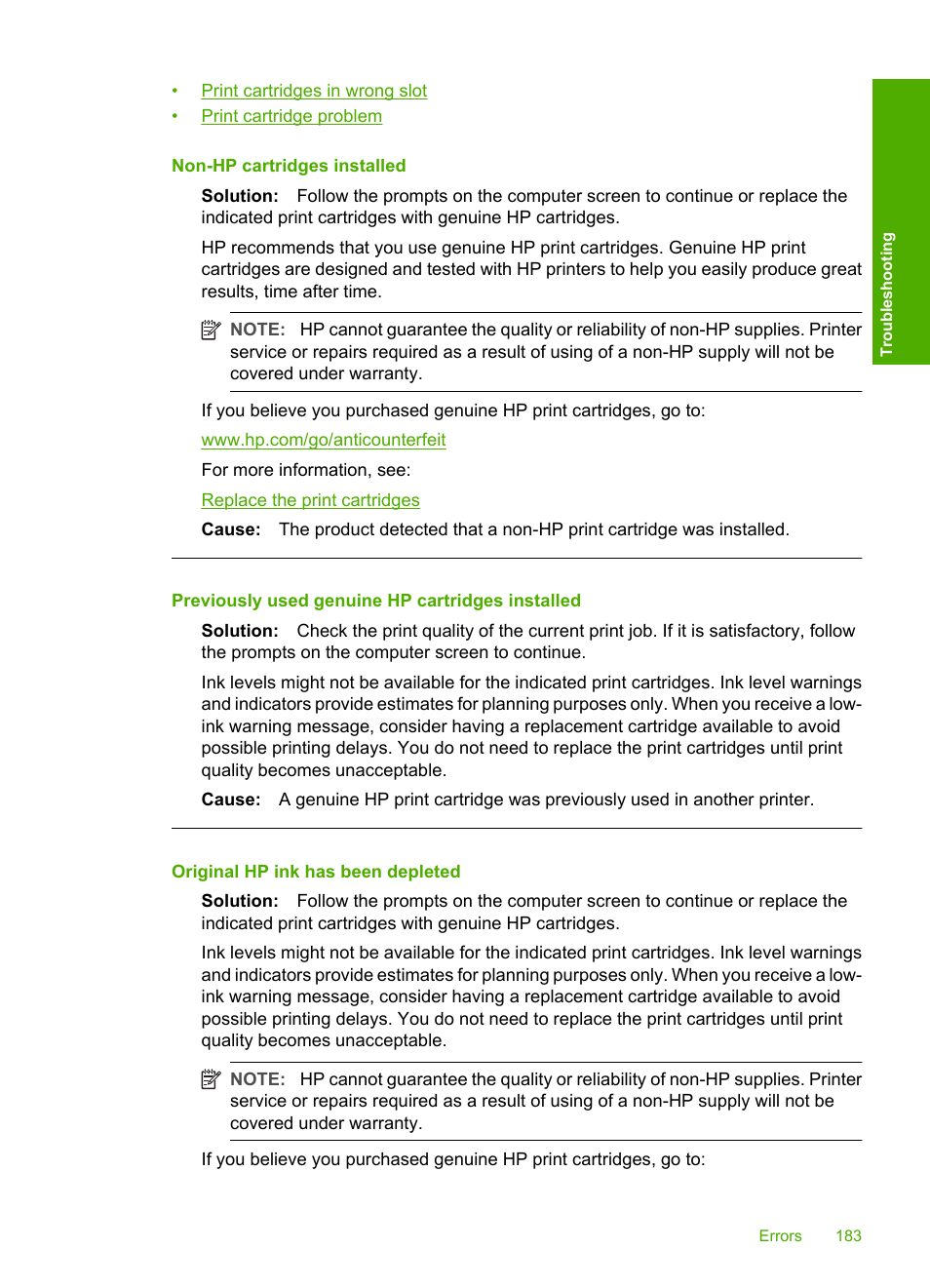 Non-hp cartridges installed, Previously used genuine hp cartridges installed, Original hp ink has been depleted | HP Deskjet F2235 All-in-One Printer User Manual | Page 186 / 225