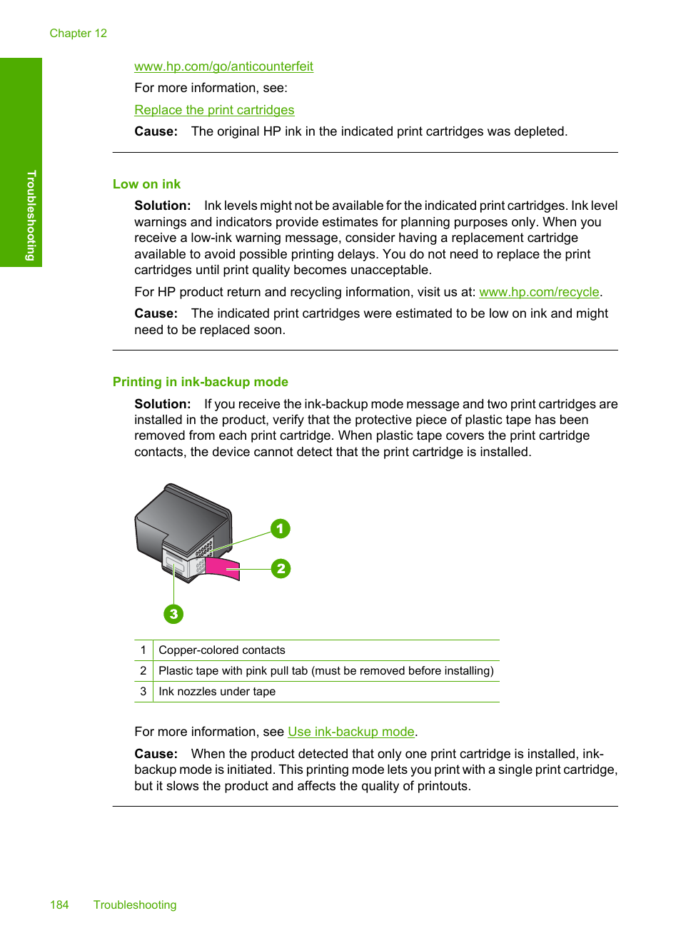 Low on ink, Printing in ink-backup mode | HP Deskjet F2235 All-in-One Printer User Manual | Page 187 / 225