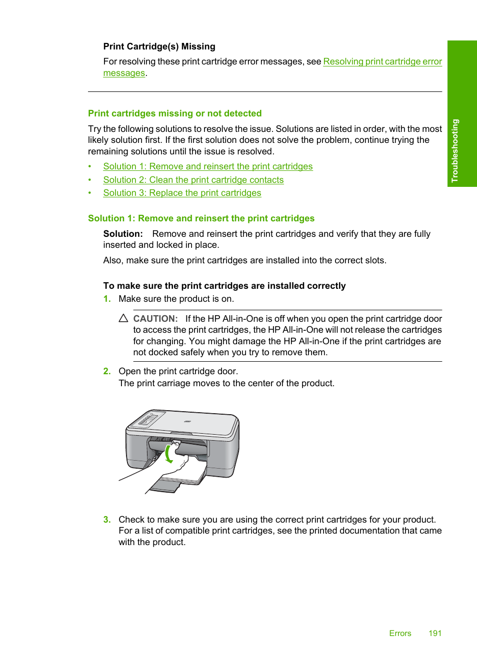 Print cartridges missing or not detected | HP Deskjet F2235 All-in-One Printer User Manual | Page 194 / 225