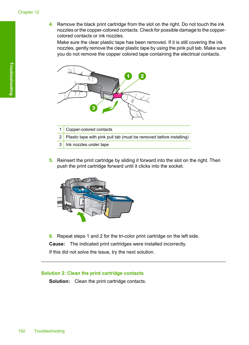Solution 2: clean the print cartridge contacts | HP Deskjet F2235 All-in-One Printer User Manual | Page 195 / 225