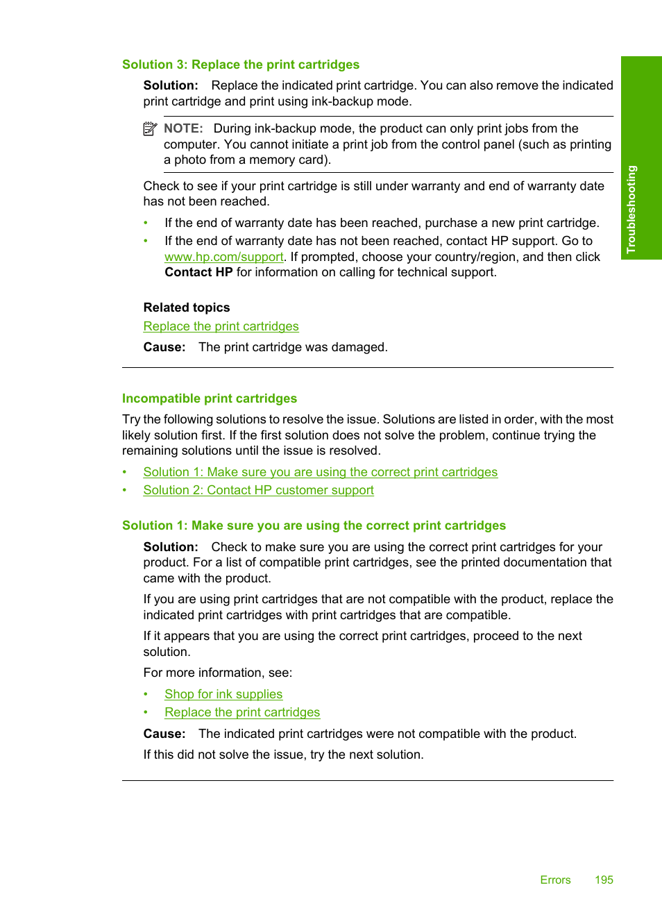 Incompatible print cartridges, Solution 3: replace the print cartridges | HP Deskjet F2235 All-in-One Printer User Manual | Page 198 / 225