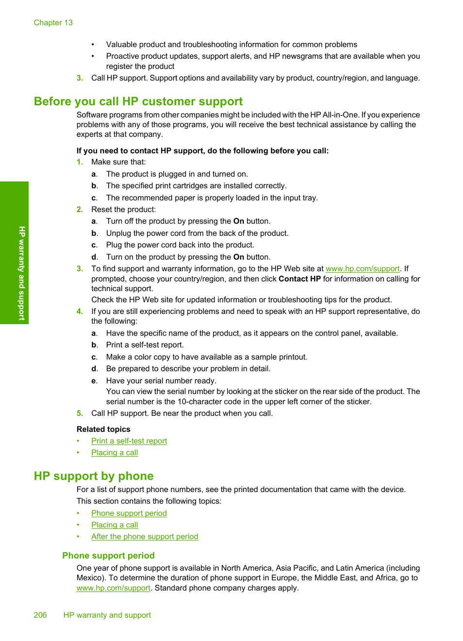 Before you call hp customer support, Hp support by phone, Phone support period | HP Deskjet F2235 All-in-One Printer User Manual | Page 209 / 225