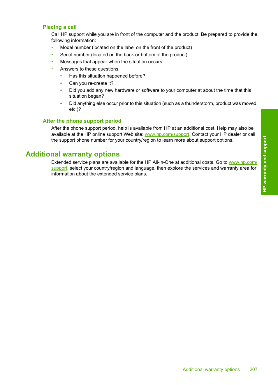 Placing a call, After the phone support period, Additional warranty options | HP Deskjet F2235 All-in-One Printer User Manual | Page 210 / 225