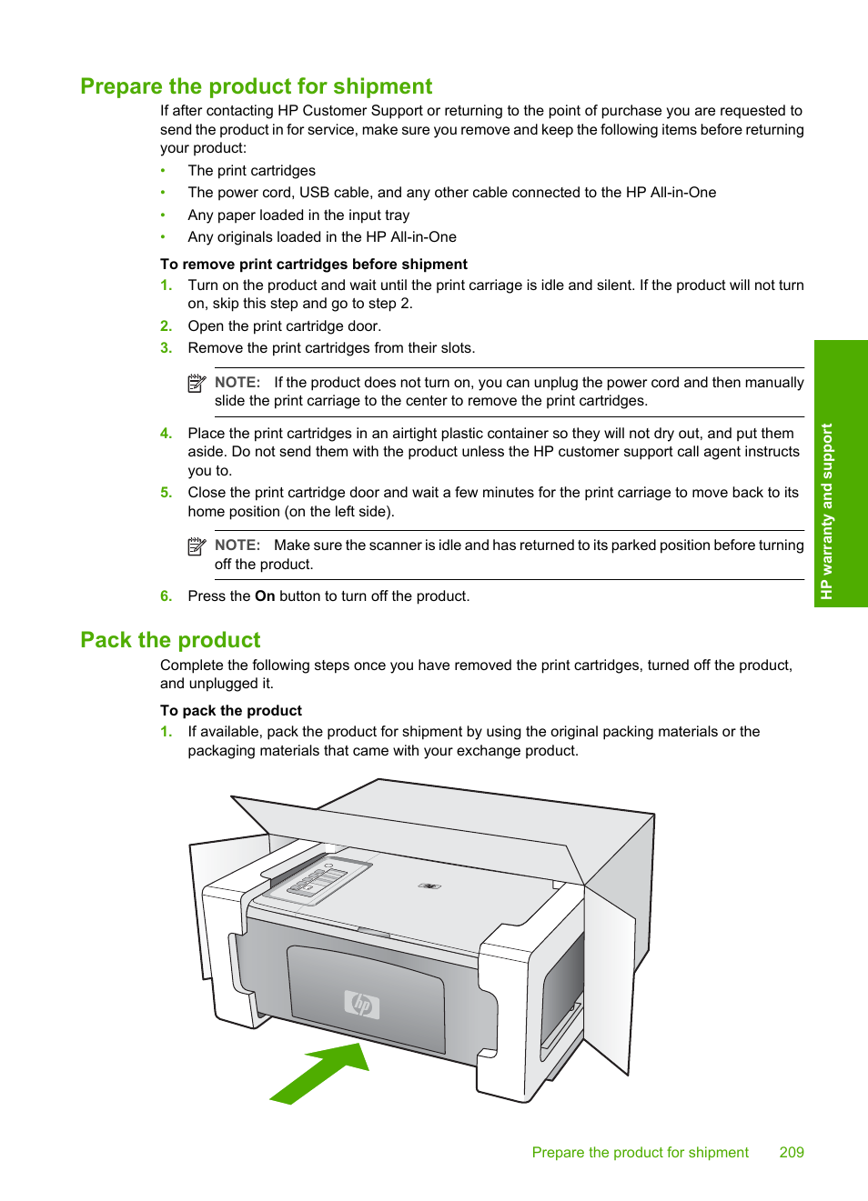 Prepare the product for shipment, Pack the product, Prepare the product for shipment pack the product | HP Deskjet F2235 All-in-One Printer User Manual | Page 212 / 225