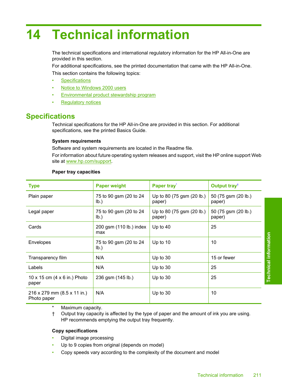 Technical information, Specifications, 14 technical information | HP Deskjet F2235 All-in-One Printer User Manual | Page 214 / 225