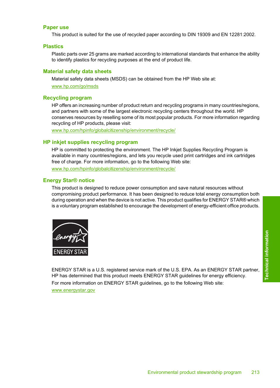 Paper use, Plastics, Material safety data sheets | Recycling program, Hp inkjet supplies recycling program, Energy star® notice | HP Deskjet F2235 All-in-One Printer User Manual | Page 216 / 225